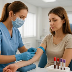 Nurse drawing blood for Vitamin B12 test in bright Sunderland NHS clinic with labeled vials