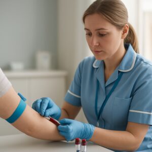 NHS nurse drawing blood for B12 test in serene Sunderland clinic