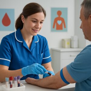 NHS nurse drawing blood for Vitamin B12 test in Sunderland clinic