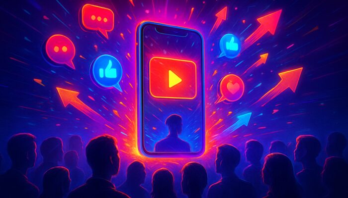 Vibrant cyberpunk smartphone streaming viral videos with social media icons and growth arrows
