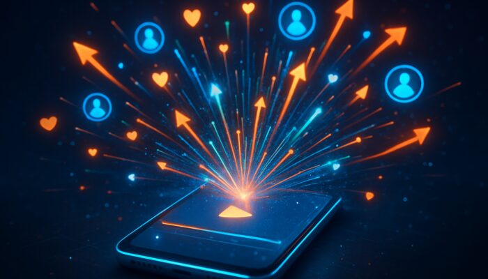 Futuristic smartphone displaying viral video with exploding likes, viewers, and growth charts for audience boost