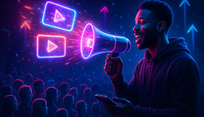 Neon cyberpunk creator broadcasting viral videos via smartphone megaphone to diverse avatars