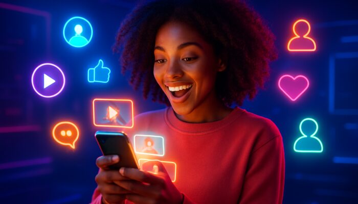 Vibrant creator promoting viral videos on smartphone with social icons and rising audience avatars