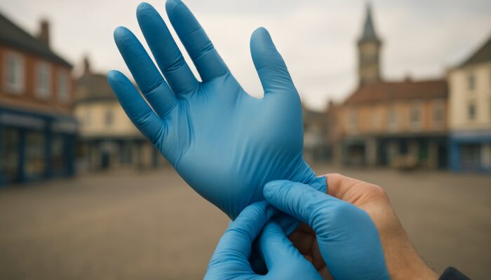 Hands sliding into blue vinyl gloves with blurred Hucknall market square behind