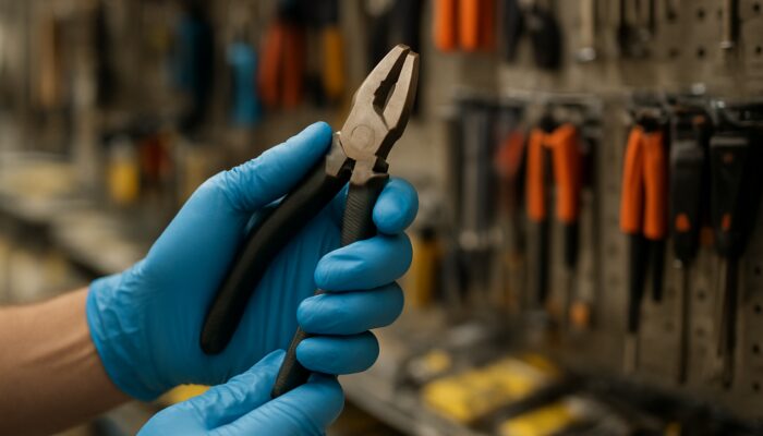 Close-up of blue vinyl gloves on hands gripping tools in Hucknall supply shop