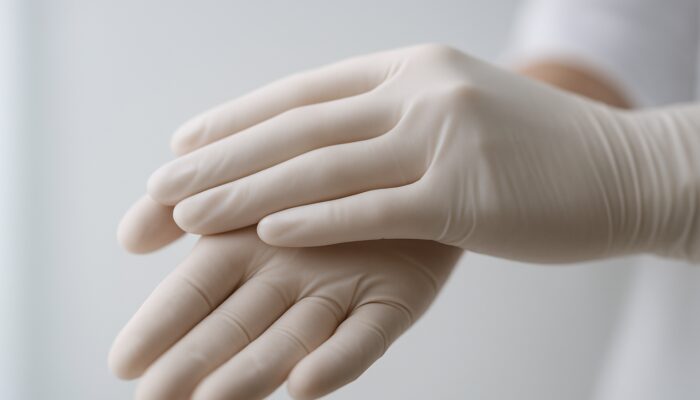 Close-up of pristine vinyl gloves on hands from trusted Hucknall supplier for quality protection.