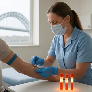 Nurse drawing blood for thyroid test in bright NHS Gateshead clinic with vials