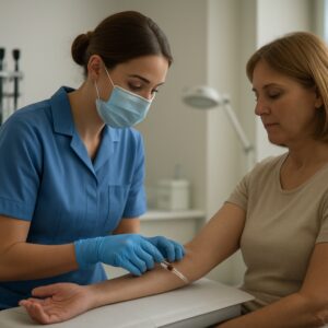 Nurse drawing blood for thyroid test at serene NHS clinic in Gateshead