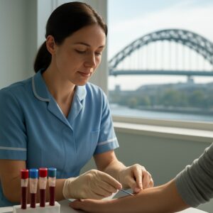 NHS nurse drawing blood for thyroid test in bright Gateshead clinic with Tyne Bridge view