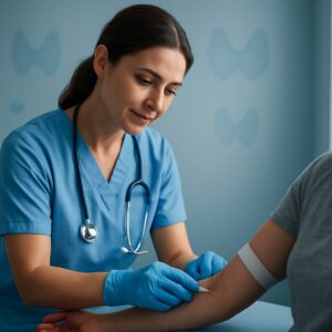 NHS nurse drawing blood for thyroid test in Gateshead clinic