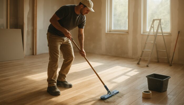 Worker mopping unfinished hardwood floors in sunlit renovation space before sealing