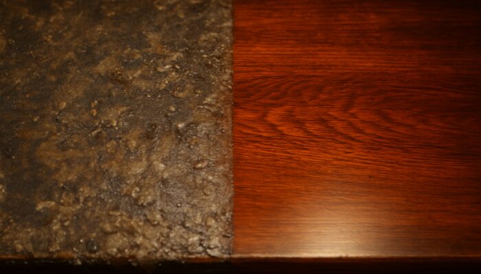 Close-up of antique mahogany tabletop half-obscured by grime, half restored to glossy finish.