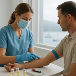 Nurse drawing blood for thyroid test in bright Newport clinic with harbor view