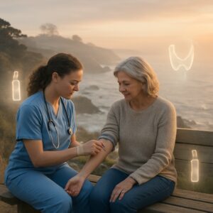 Nurse drawing blood for thyroid test on Newport cliffside bench at misty dawn