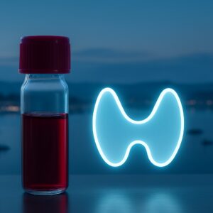 Thyroid blood test vial with gland icon overlooking Newport harbor at dusk