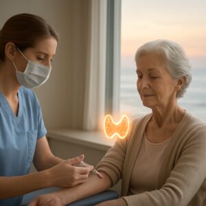 Nurse drawing blood for thyroid test in serene Newport coastal clinic overlooking misty ocean at dawn