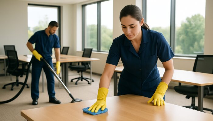 Professional cleaners polishing desks and vacuuming carpets in a modern Crewkerne office