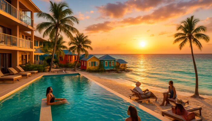 San Pedro luxury resort with infinity pools beside colorful budget bungalows at Caribbean sunset