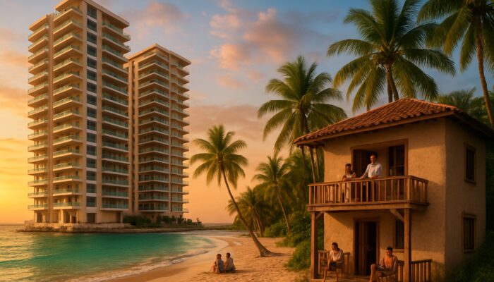 Luxury resort beside budget guesthouse in San Pedro at sunset with ocean views.