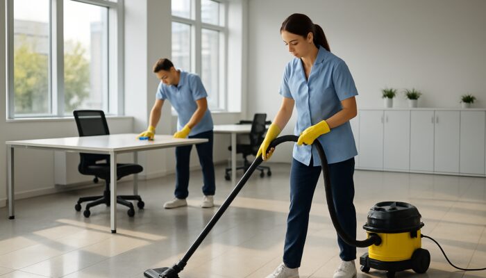 Professional cleaners vacuuming and polishing sunlit modern office in Crewkerne with sparkling floors and desks