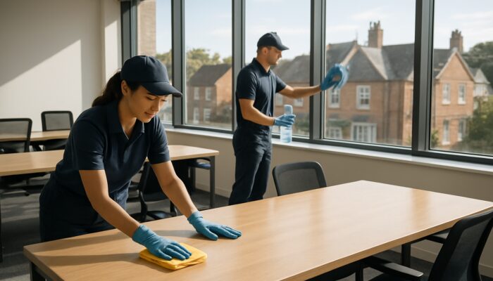 Uniformed cleaners polishing desks in spotless modern Crewkerne office with sunlight gleaming on surfaces
