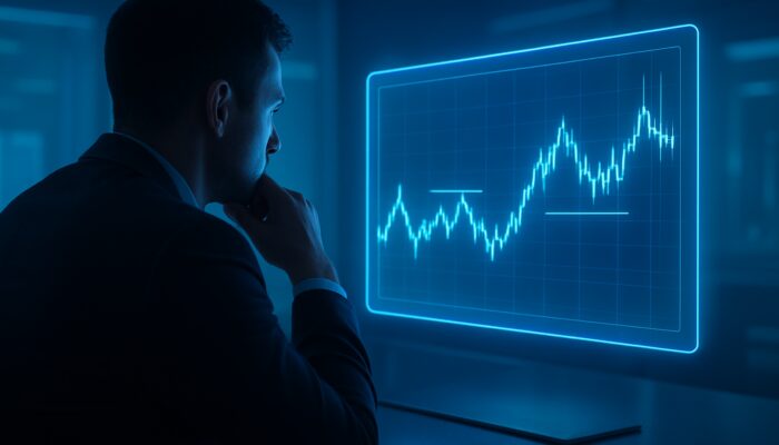 Trader analyzing flat oscillating stock chart with consolidation patterns on holographic display in blue trading room