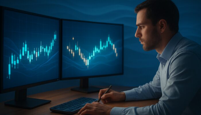 Trader analyzing flat candlestick chart for sideways market trading strategies