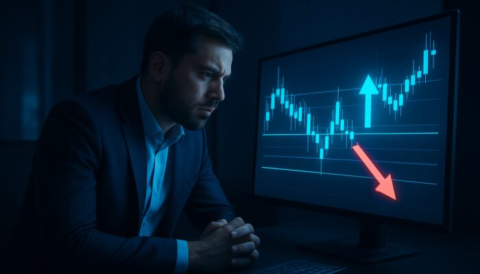 Trader analyzing candlestick charts with consolidation zones in dark office for sideways market strategies