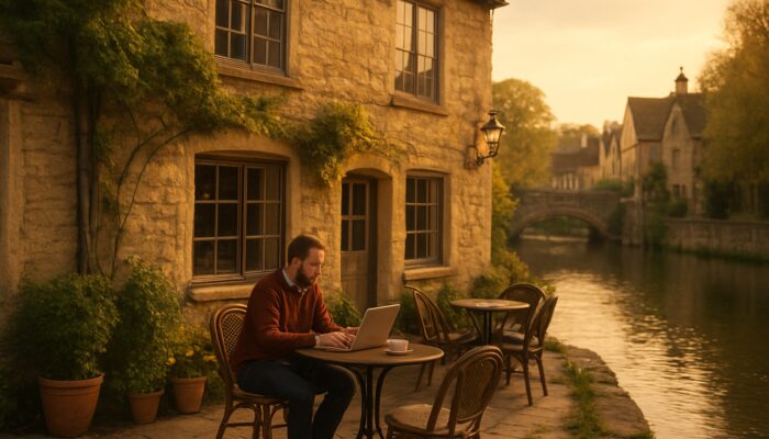 Small business owner blogging on laptop in quaint Bradford-on-Avon stone cafe by canal
