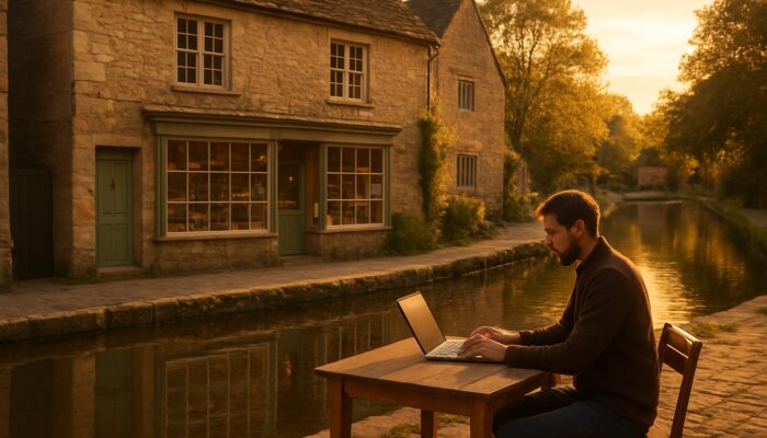 Entrepreneur writing blog on laptop outside quaint stone shopfront in Bradford-on-Avon with canal reflections