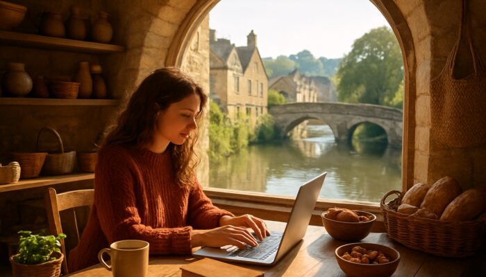 Writer typing on laptop in sunlit Bradford-on-Avon cafe overlooking canal with artisan goods.