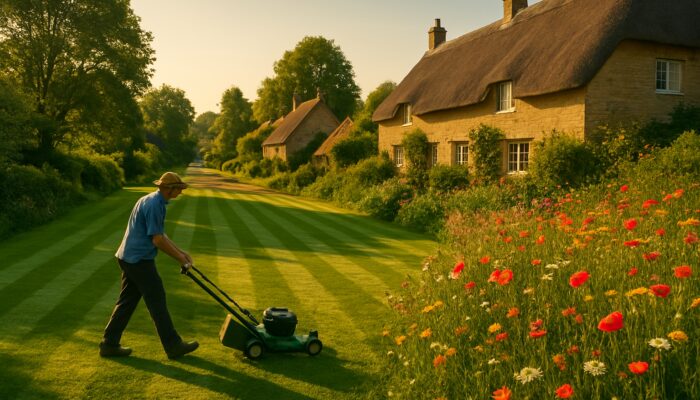 Resident mowing striped lawn by thatched cottages in Haselbury Plucknett village.