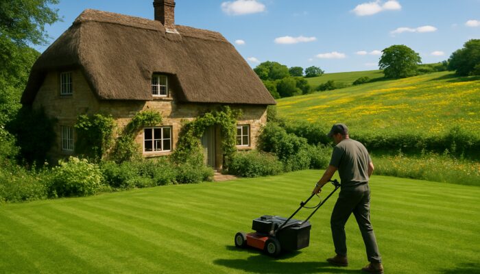 Resident mowing lush lawn of thatched cottage in Haselbury Plucknett on sunny day
