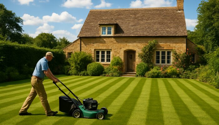 Resident mowing striped patterns on lush lawn by stone cottage in Haselbury Plucknett
