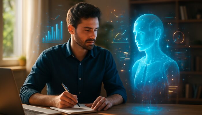Writer collaborating with holographic AI assistant in sunlit home office amid productivity graphs