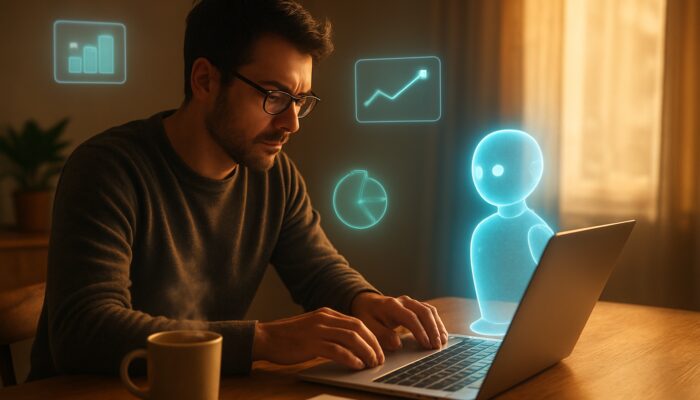 Writer collaborating with holographic remote assistant on laptop for productive article writing at cozy desk