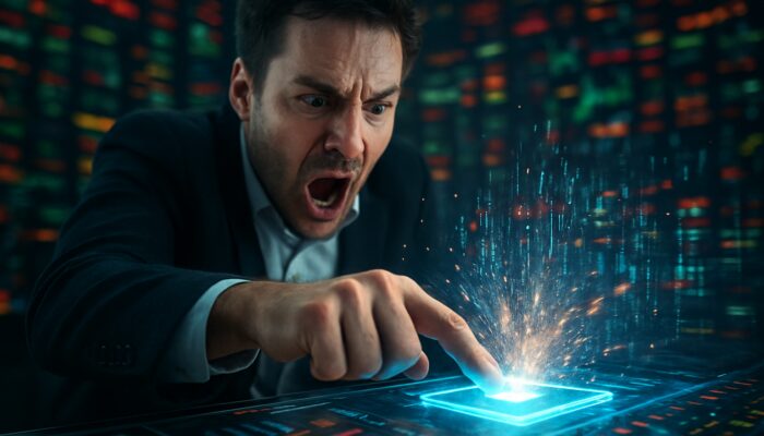 Trader activating immediate or cancel order on glowing holographic trading terminal with stock tickers