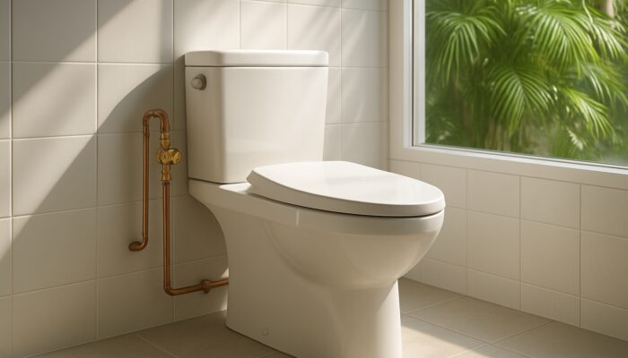 Modern Queensland bathroom with white bidet toilet and visible backflow prevention valve on copper pipes