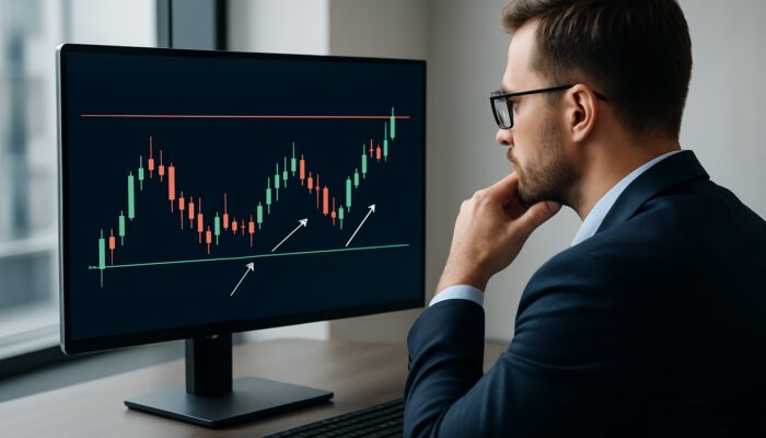 Illustrated trader analyzing sideways market chart with support lines and indicators in office