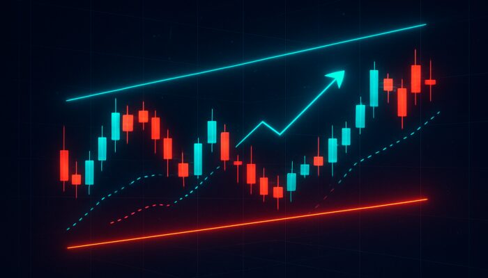 Cyberpunk stock chart in sideways channel with glowing support, resistance lines and trading arrows