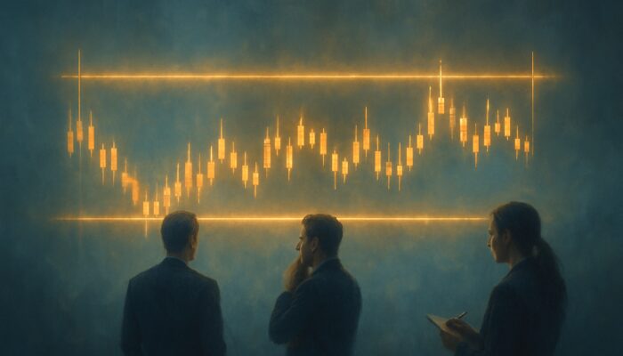 Surreal sideways stock market chart with candlesticks between glowing support and resistance lines.