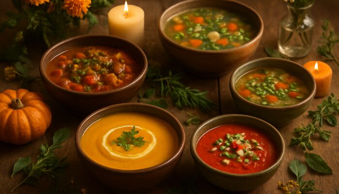 Rustic table with steaming bowls of seasonal soups like pumpkin, gazpacho, stew, and broth amid herbs and candles.
