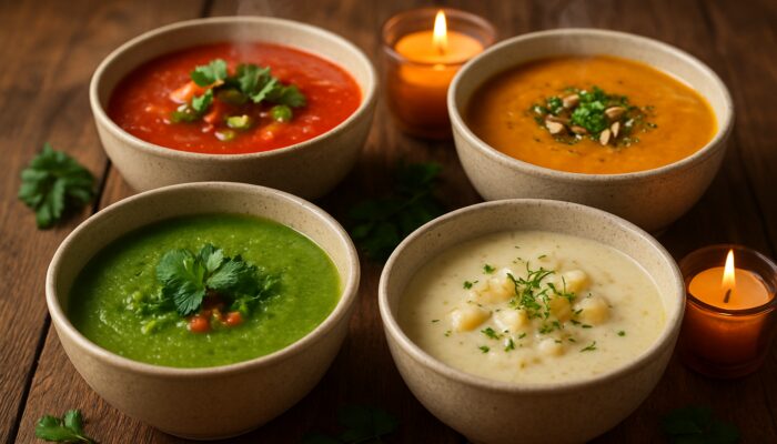 Four bowls of seasonal homemade soups on rustic wooden table with herbs and candles