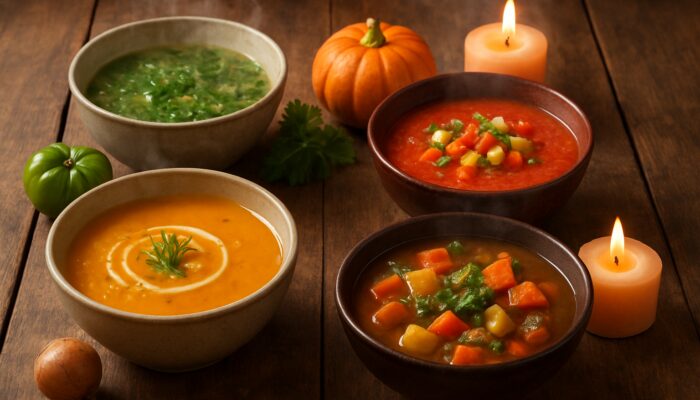 Four steaming bowls of seasonal soups on rustic wooden table with fresh garnishes and candles.