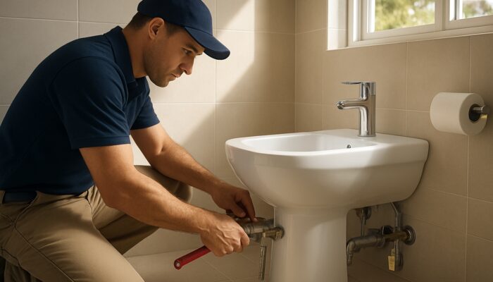 Plumber installing compliant bidet with backflow prevention valves in Queensland bathroom