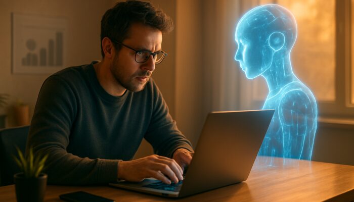 Remote writer using holographic AI assistant on laptop with productivity charts