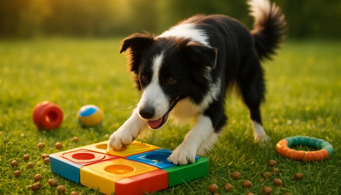 Happy Border Collie solving colorful puzzle toy in sunny meadow for mental stimulation