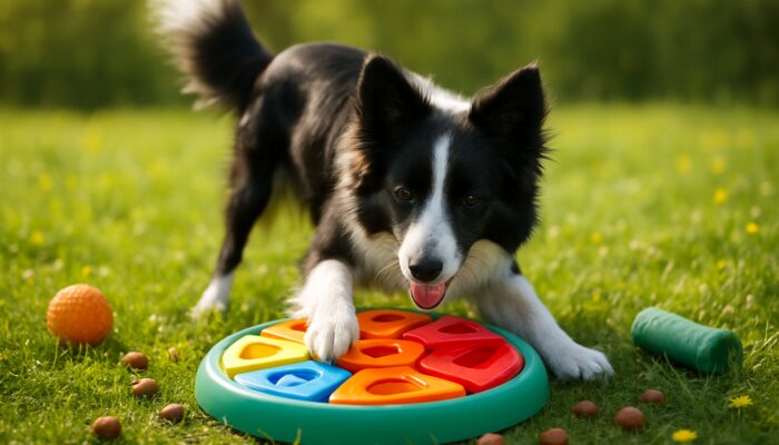 Border Collie solving puzzle toy in meadow for mental stimulation and enrichment.