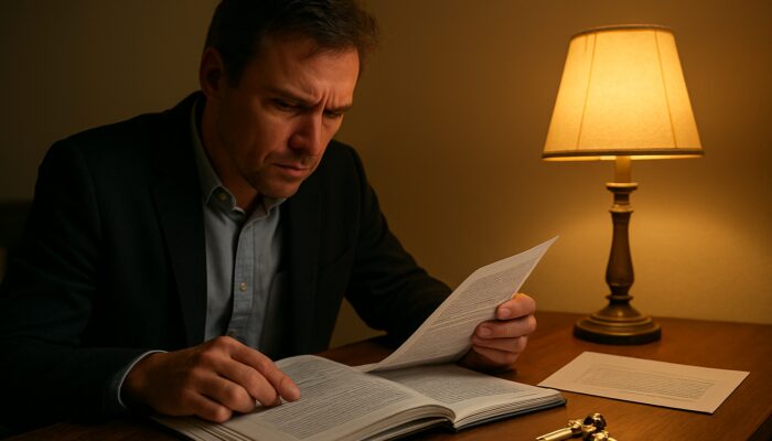 UK landlord reviewing tenancy contracts and eviction notices at desk under lamplight
