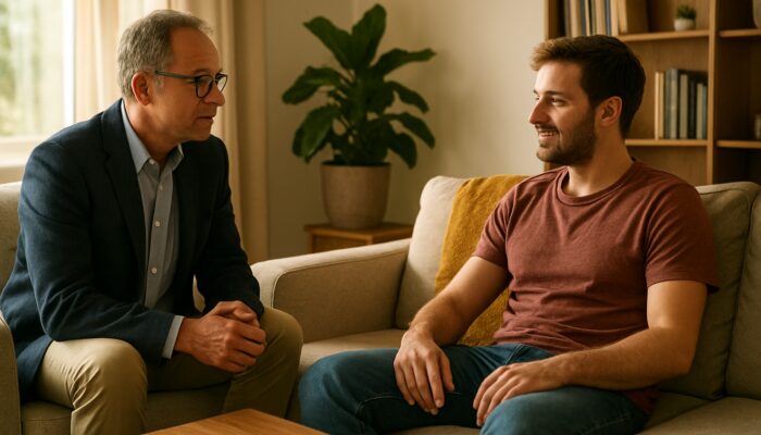 UK landlord and tenant calmly discussing eviction rights in a cozy living room